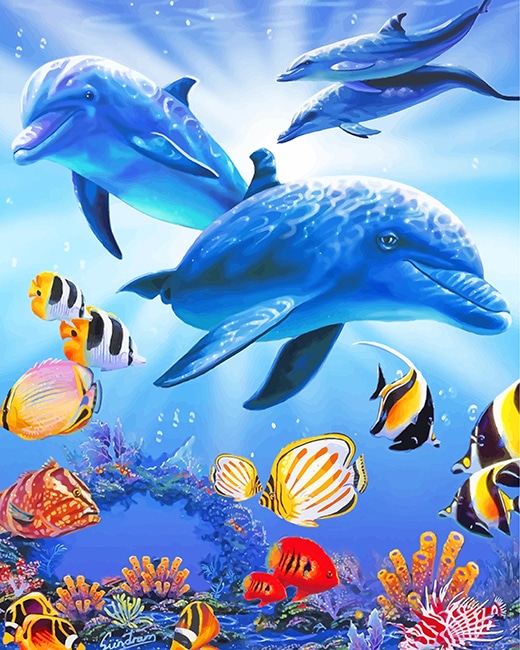 Dolphins Underwater With Tropical Fishes - Paint By Number - Painting By  Numbers